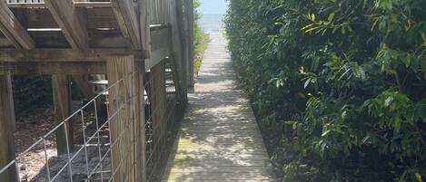A wooden boardwalk leading to a beach, surrounded by dense foliage and a wooden structure on the left.