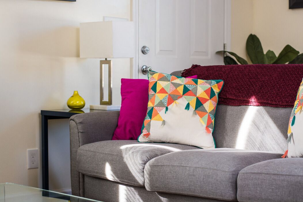 A living room with a grey sofa, a white door, a lamp, and a plant.