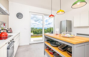 Fridge, stovetop, dishwasher, coffee/tea maker