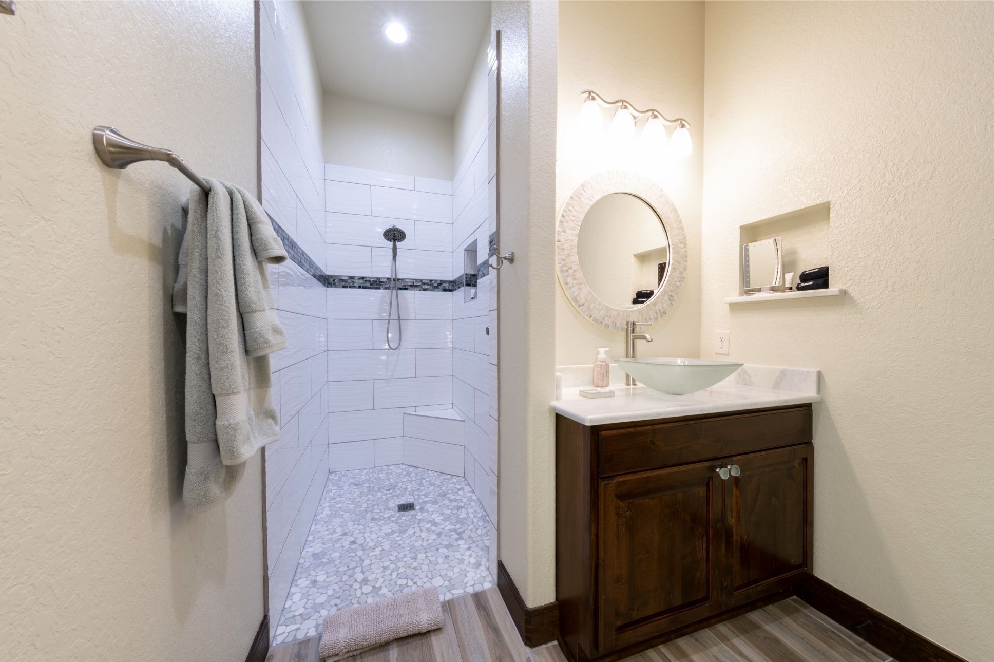 Hair dryer, towels, soap, shampoo
