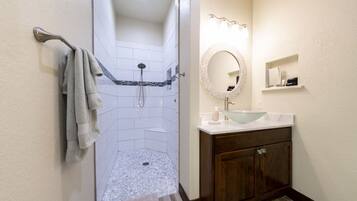Hair dryer, towels, soap, shampoo