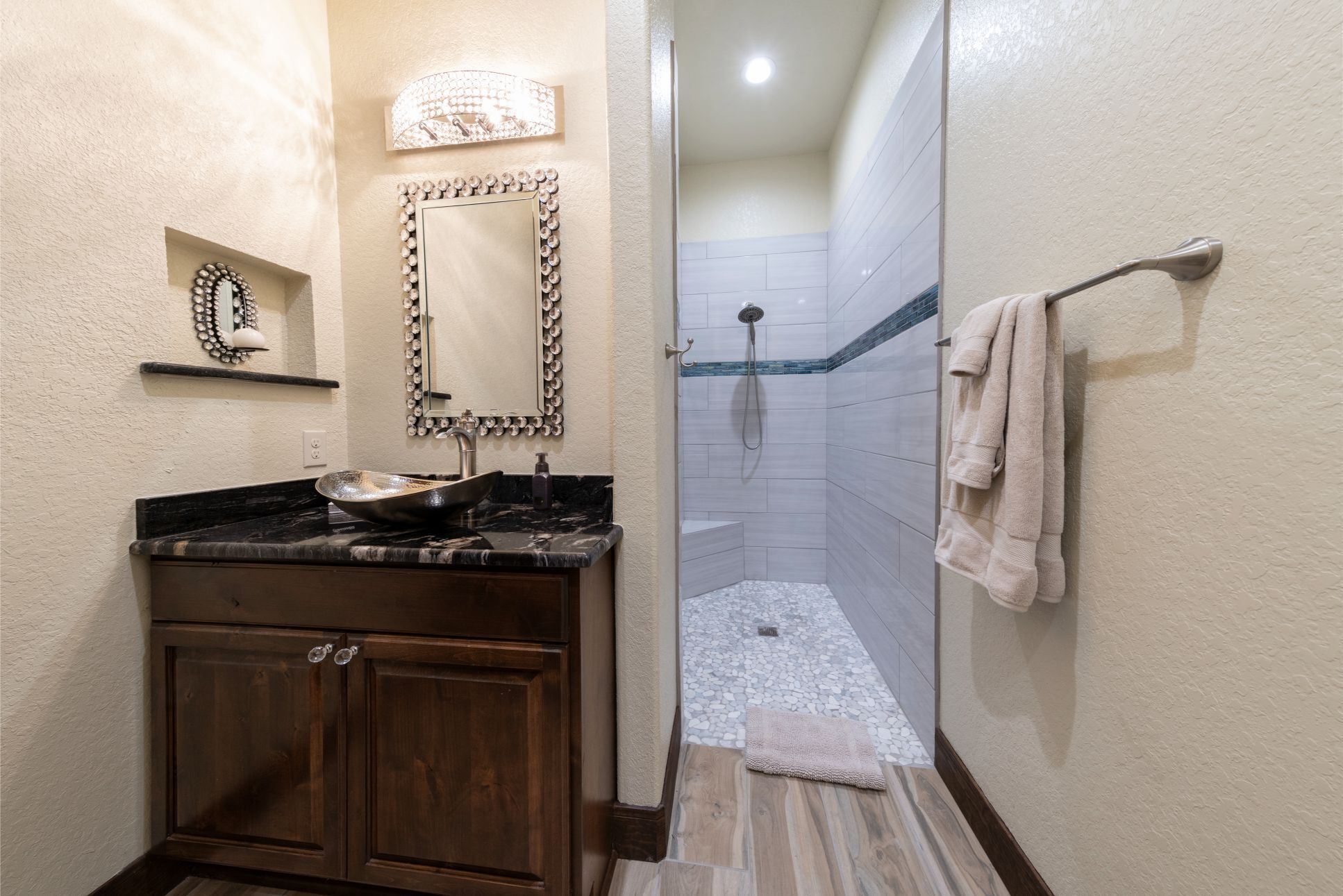 Hair dryer, towels, soap, shampoo