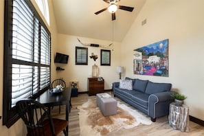 Smart TV, fireplace, books