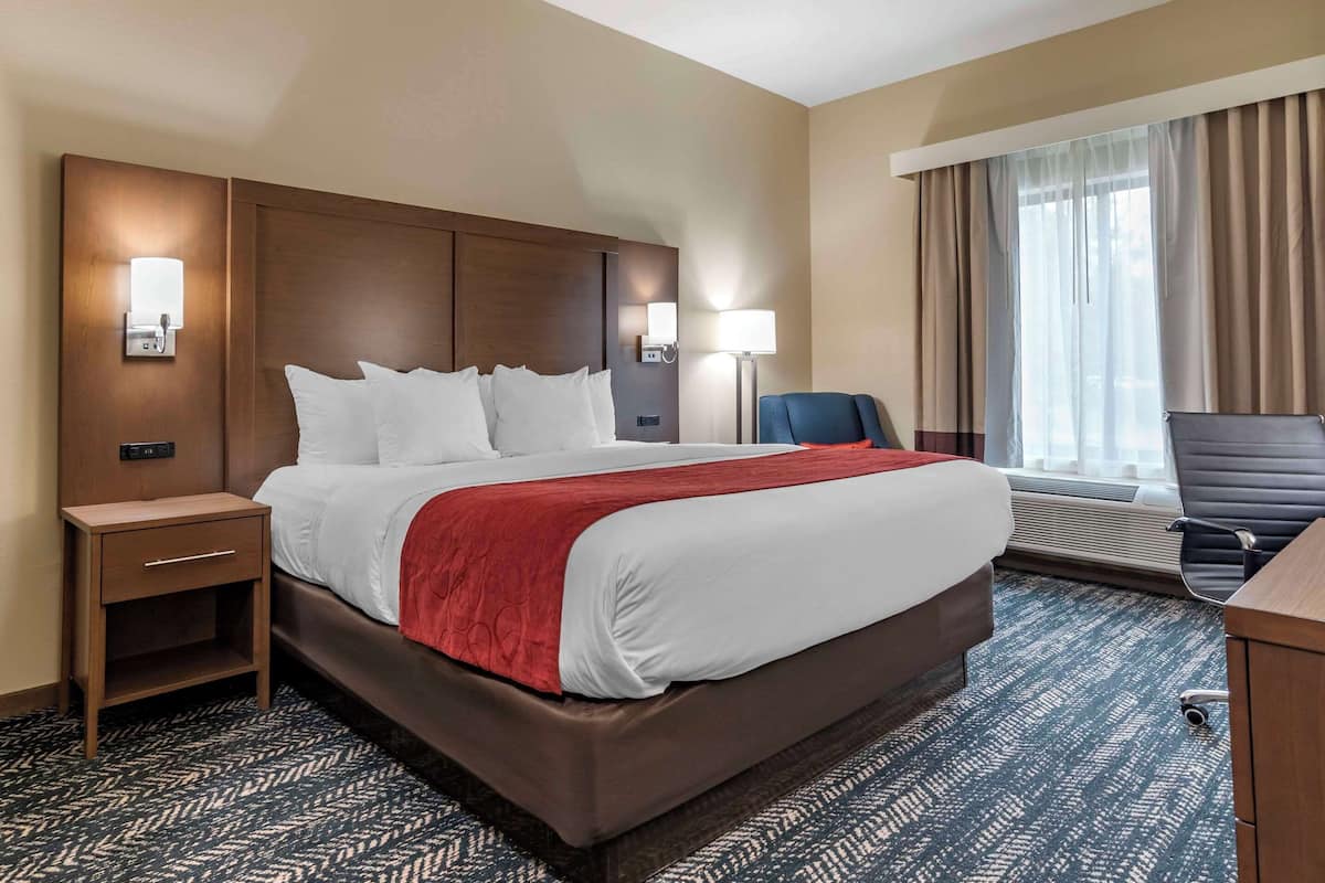 A hotel room with a large bed, a nightstand, a desk, and a chair.