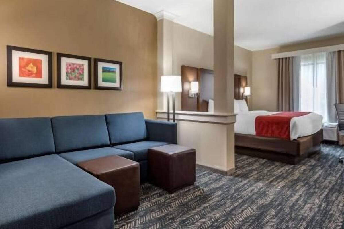 A hotel room with a sofa, a bed, a mirror, and framed pictures on the wall.