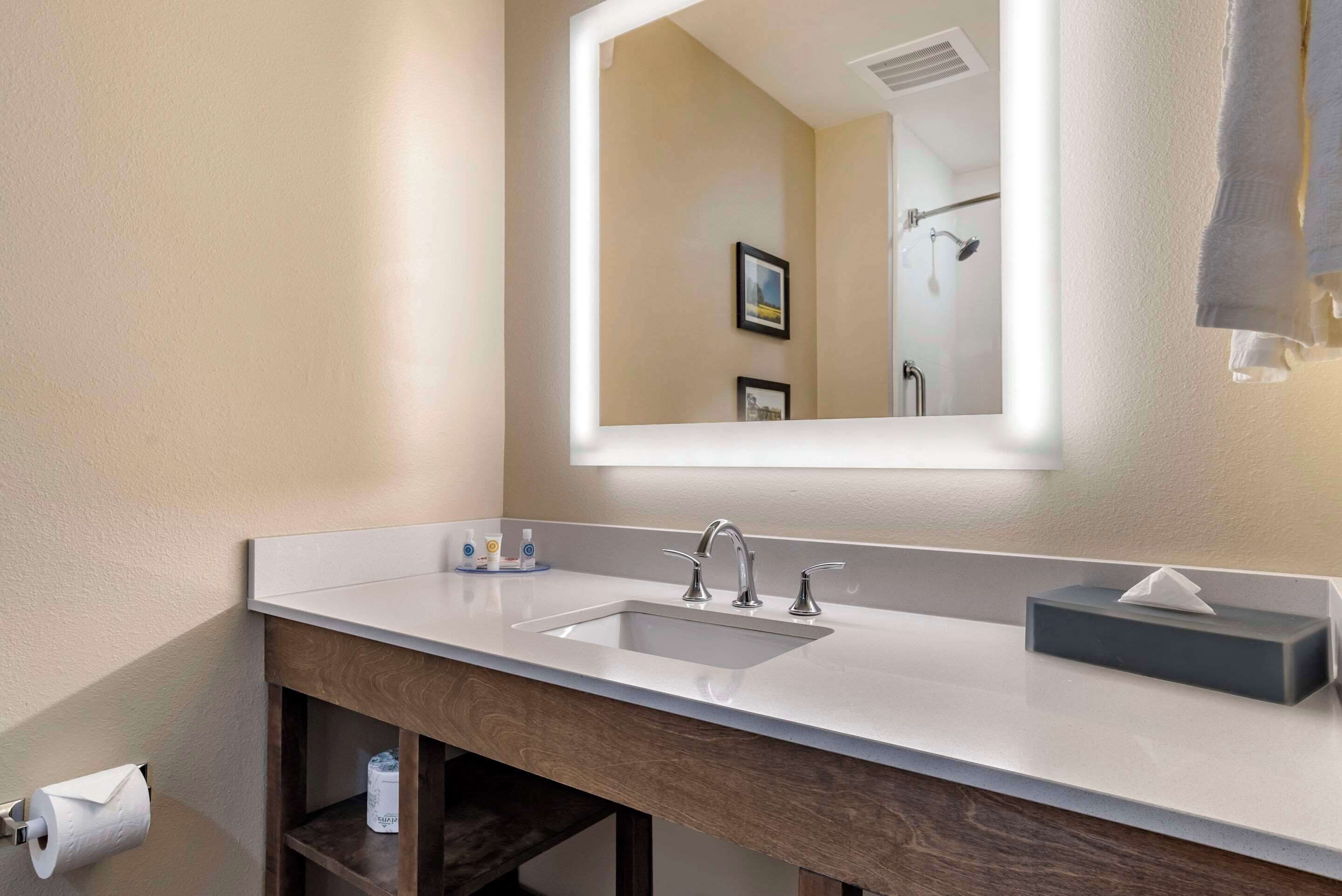 A modern bathroom with a double sink, a mirror, and a towel rack.