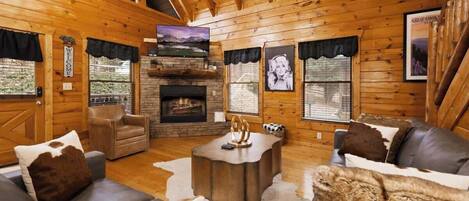 Smart TV, fireplace, video games, DVD player
