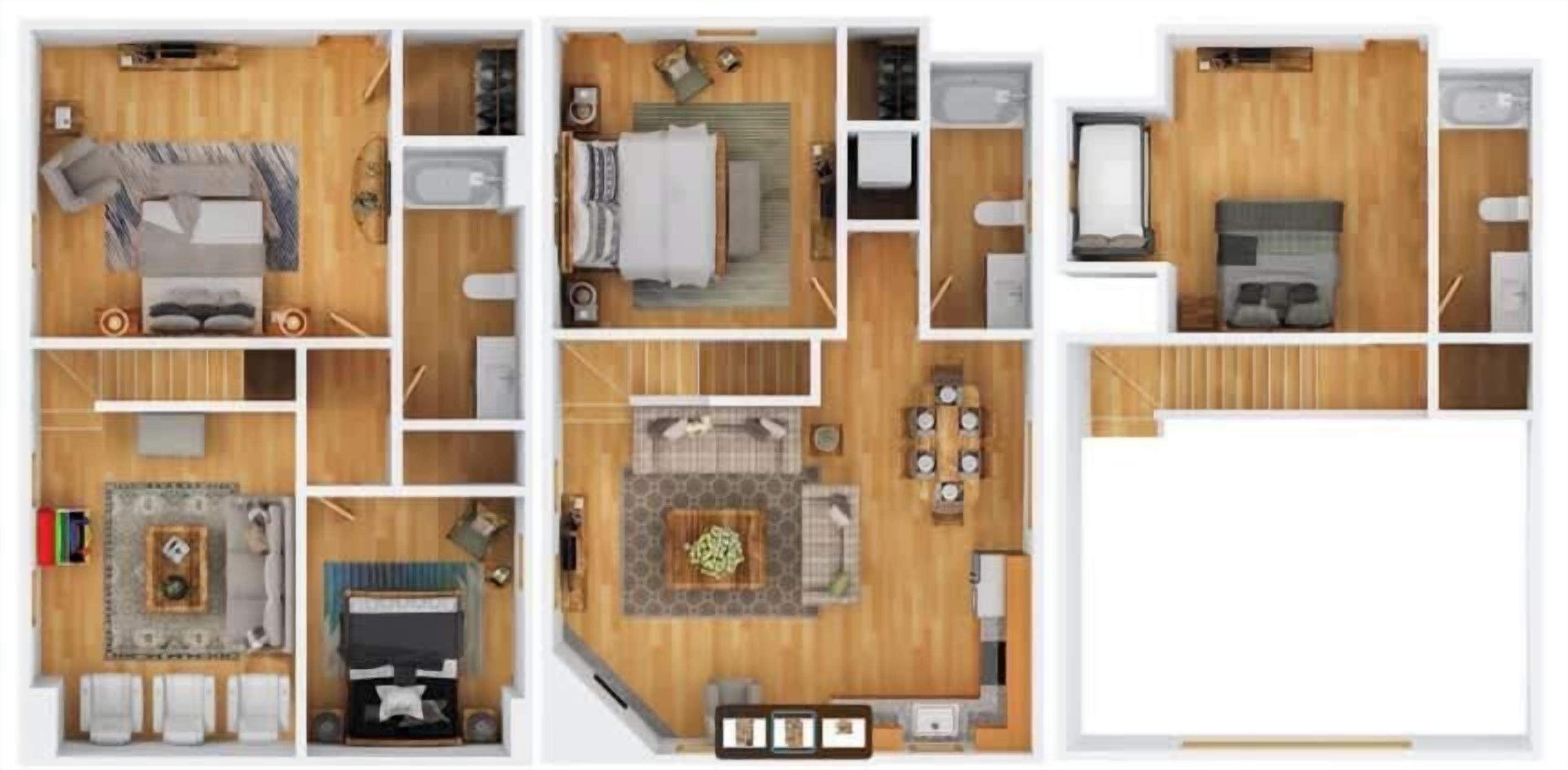 Un hôtel comprenant plusieurs chambres, un salon, une salle à manger et une cuisine.