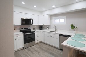 Fridge, microwave, dishwasher, coffee/tea maker