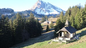 Un piccolo chalet in legno con tetto spiovente e un campanile, immerso in una fitta foresta con una montagna sullo sfondo.