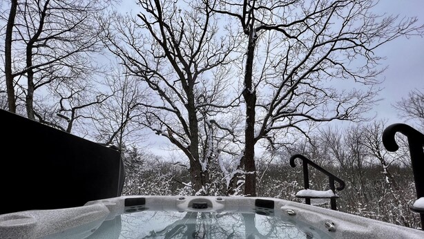 A hot tub with a glass top, surrounded by snow-covered trees and a metal railing.