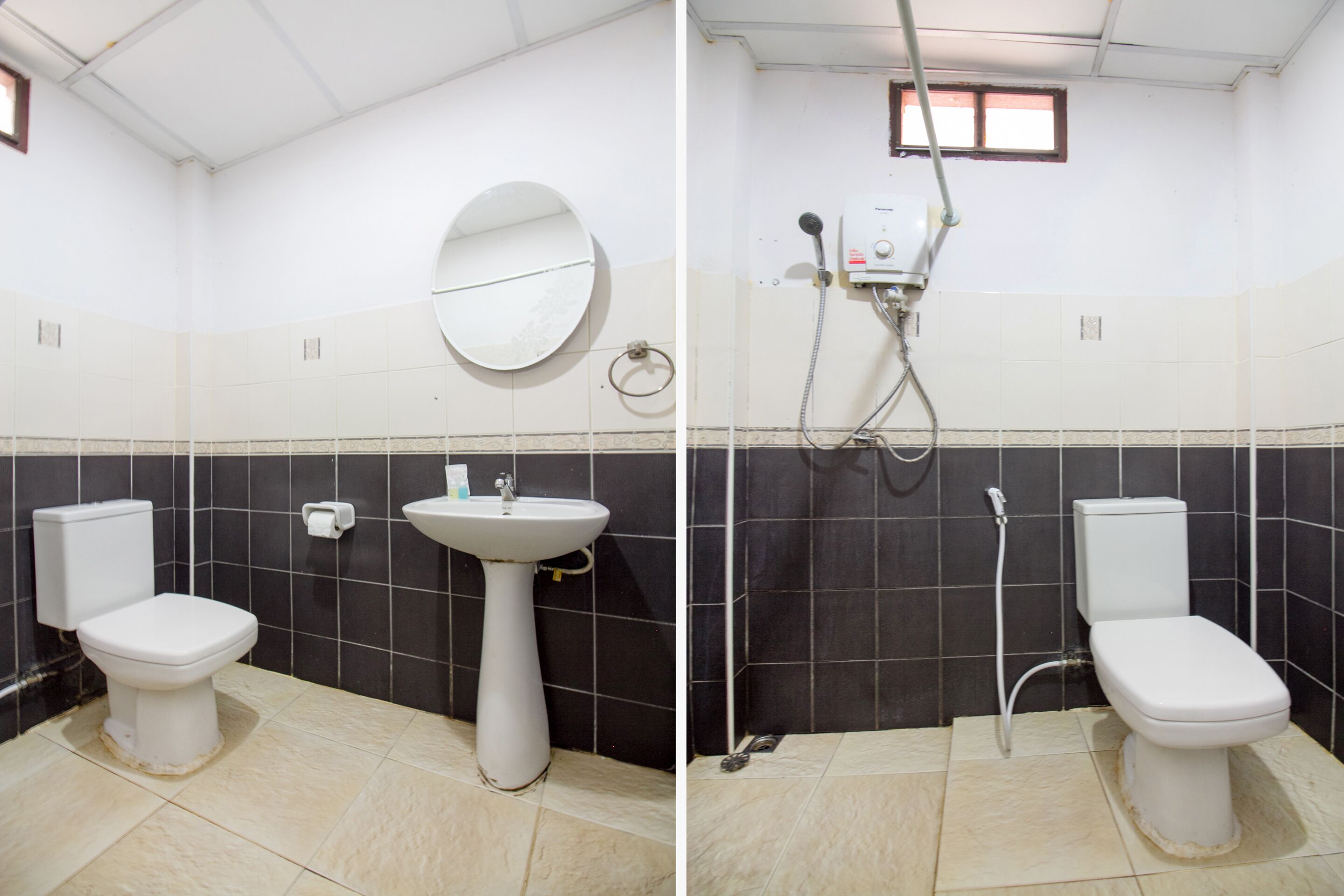 A bathroom with a toilet, sink, and mirror.