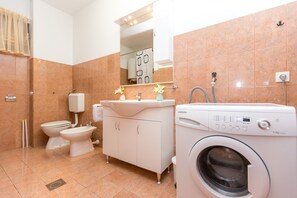 Shower, towels, toilet paper