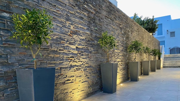 A modern building with a stone wall and rectangular planters with small trees. - White Rock Milos Suites (Milos)