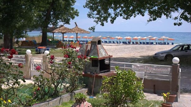 Un espace jardin aménagé avec un barbecue, des plantes en pot et une vue sur la plage, avec des parasols.
