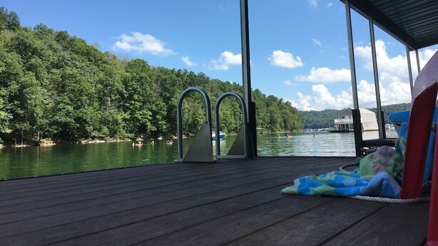 Une terrasse en bois avec des marches métalliques permettant d’accéder à un plongeoir, surplombant un lac, entourée d’arbres et sous un ciel dégagé.