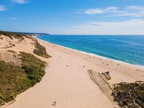 Uma praia com vista clara para o oceano, areal arenoso e alguma vegetação.