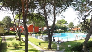 A swimming pool surrounded by trees and a grassy area with a red building in the background.
