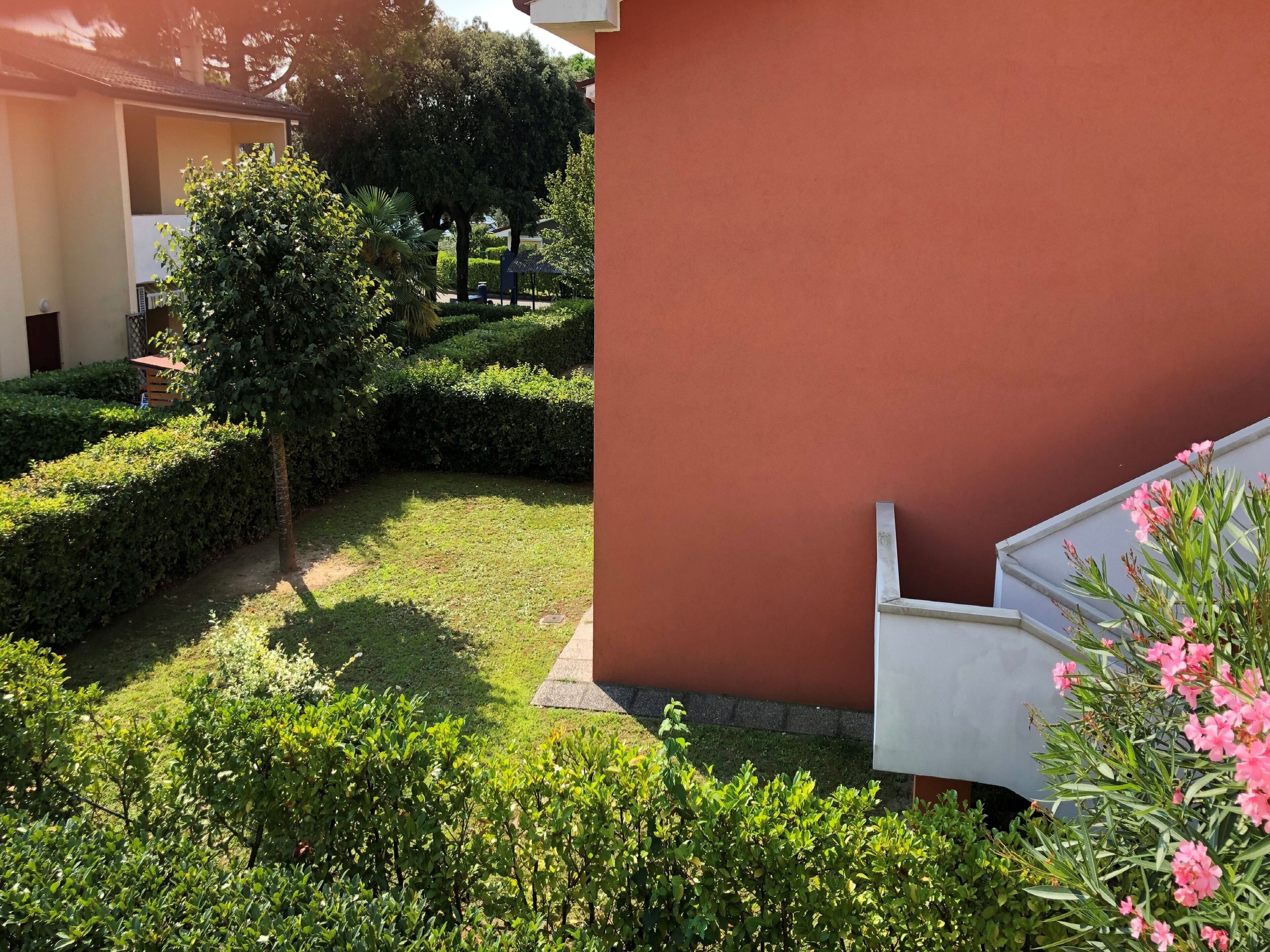A courtyard with neatly trimmed hedges, a lawn, and a building with a red wall.