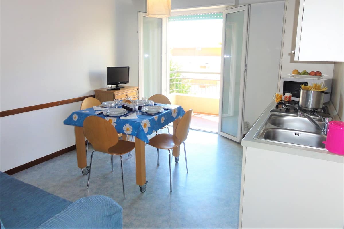 A compact kitchen with a dining area, a television, and a balcony with a view.