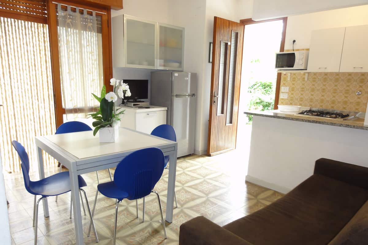 A compact kitchen with a dining area, a sofa, and a TV.