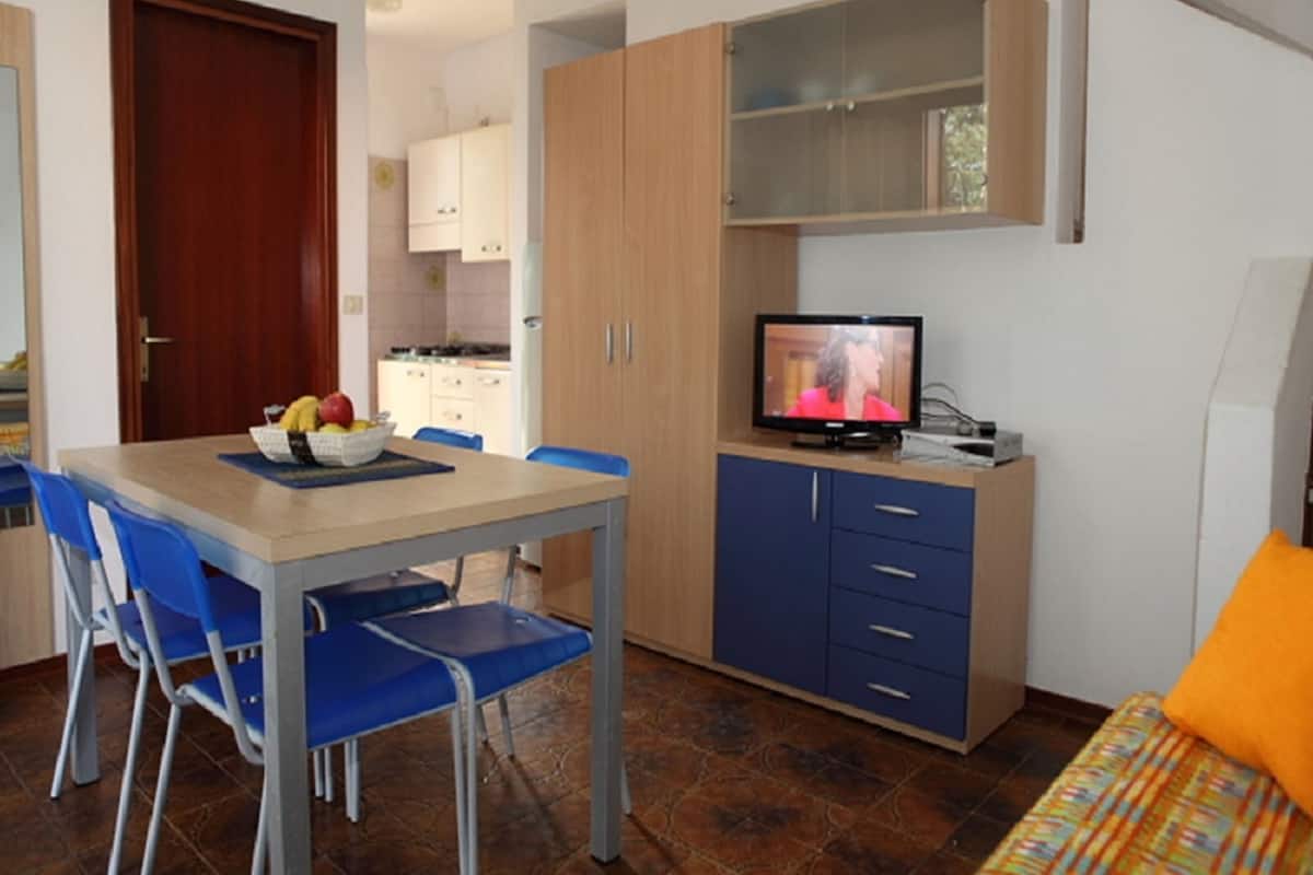 A compact living space with a dining area, kitchenette, and a television.