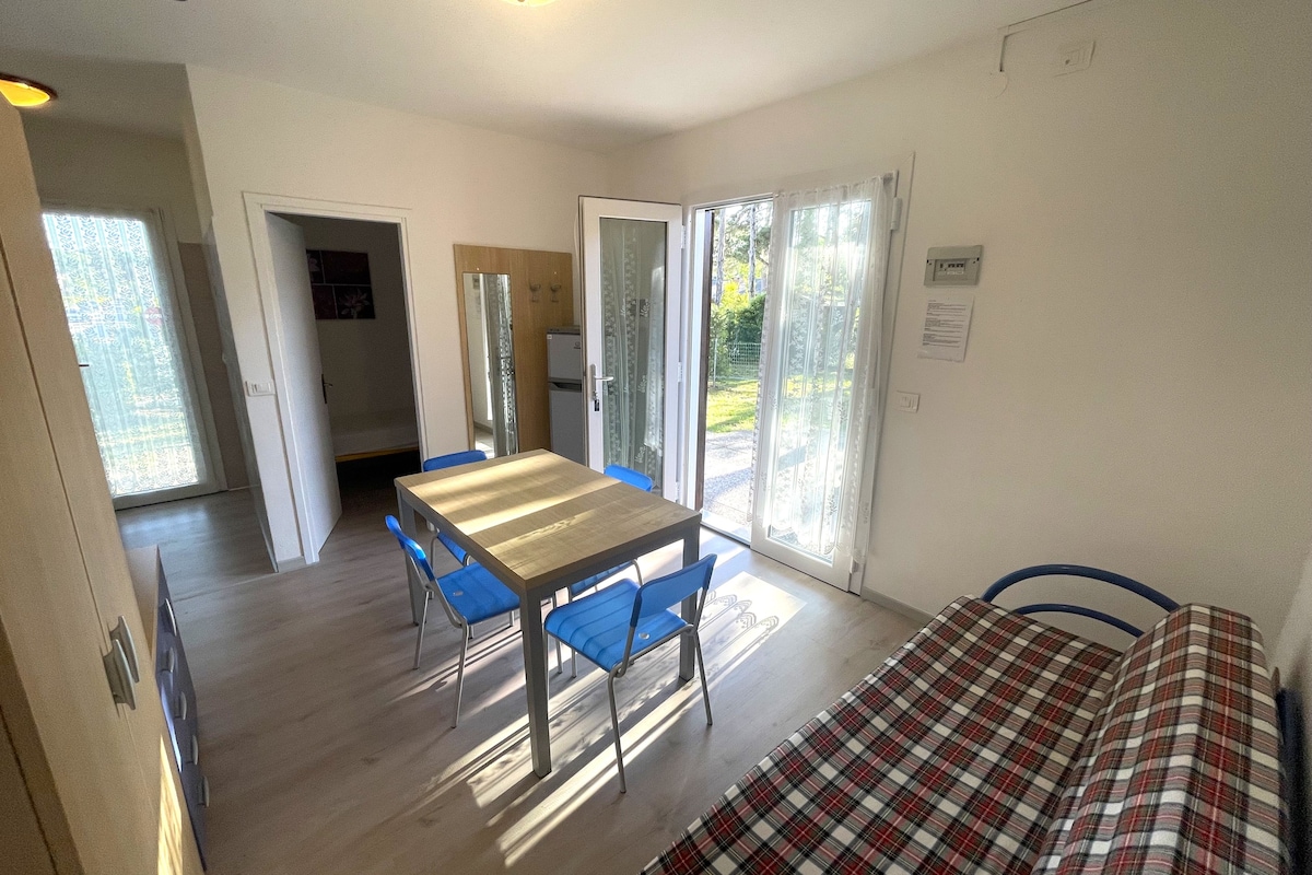 A room with a wooden table, blue chairs, a plaid bed, and a sliding glass door leading to an outdoor area.
