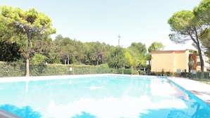 A rectangular swimming pool with a tiled edge, surrounded by a low hedge and trees. - Villaggio White Star (San Michele al Tagliamento)