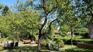 A well-maintained garden with a wooden deck, seating area, and various plants.