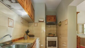 Una cocina compacta con fregadero, estufa y armarios de madera.