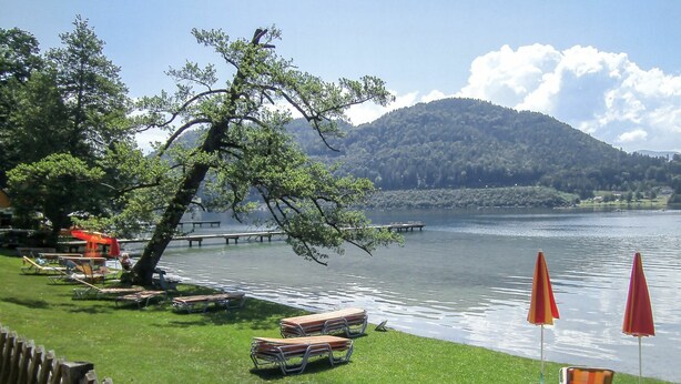 Vista sul lago con tavoli da picnic, ombrelloni e una recinzione in legno.