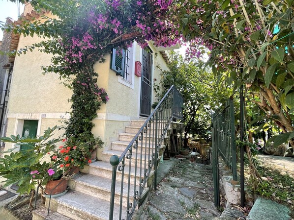 A stone staircase leading to a building with a wrought iron railing.