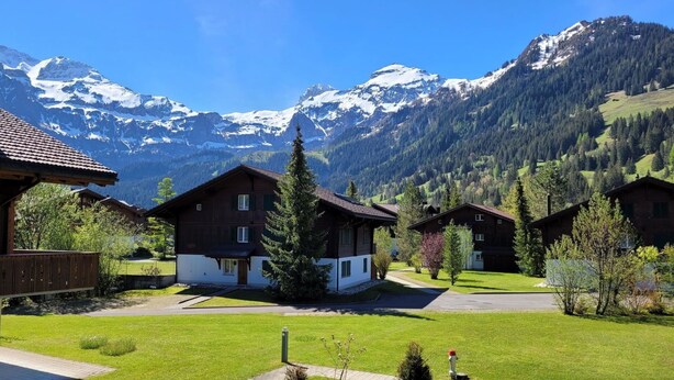 A chalet-style building with a wooden exterior and white trim, surrounded by a well-maintained lawn and a mountain backdrop. - Lovely apartment for 4 people with balcony (Lenk)