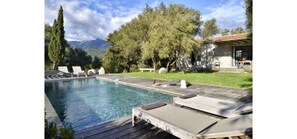 A swimming pool with lounge chairs, surrounded by trees and a mountain view.