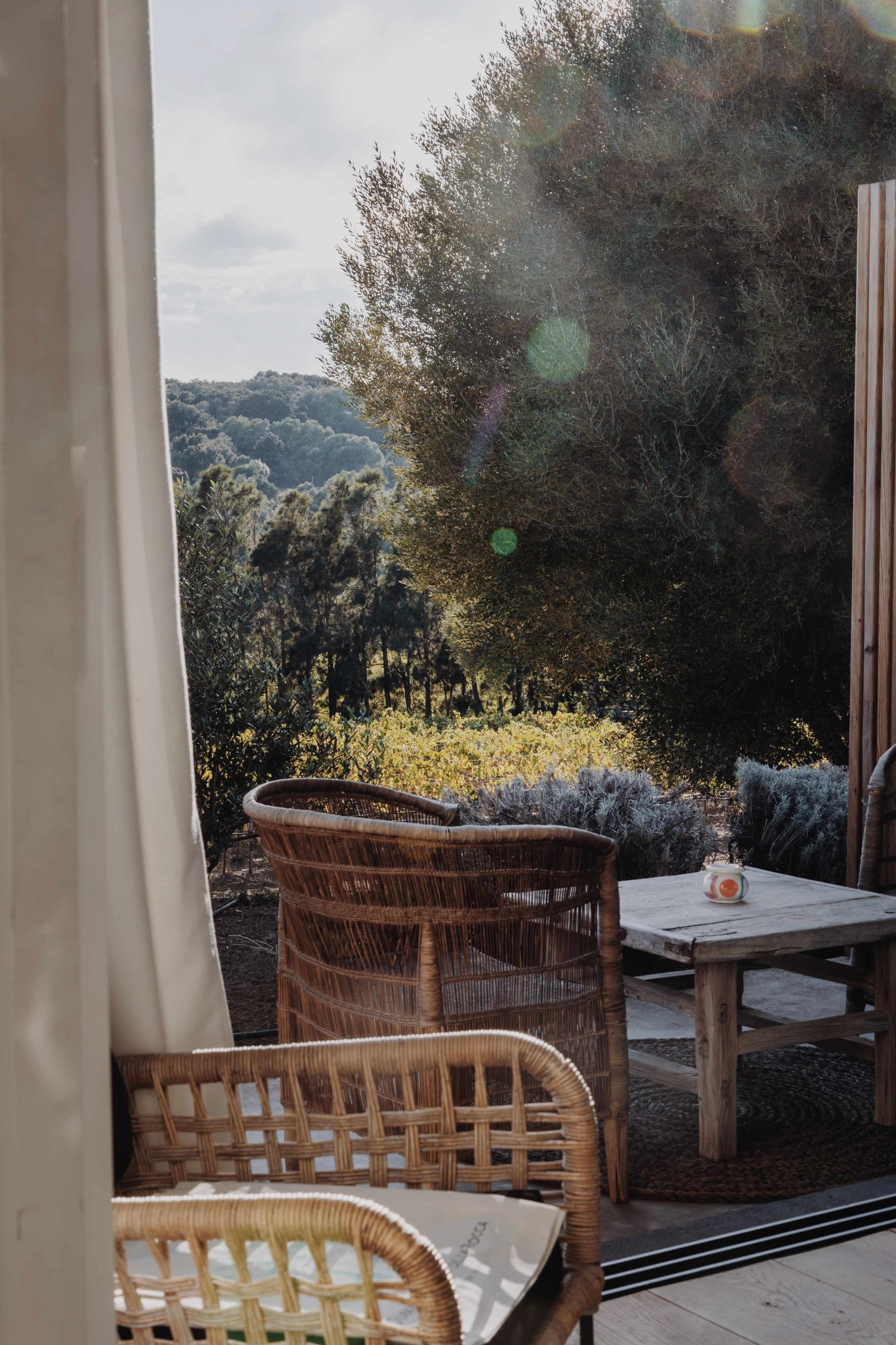 Un patio con muebles de mimbre y vista a un área boscosa.