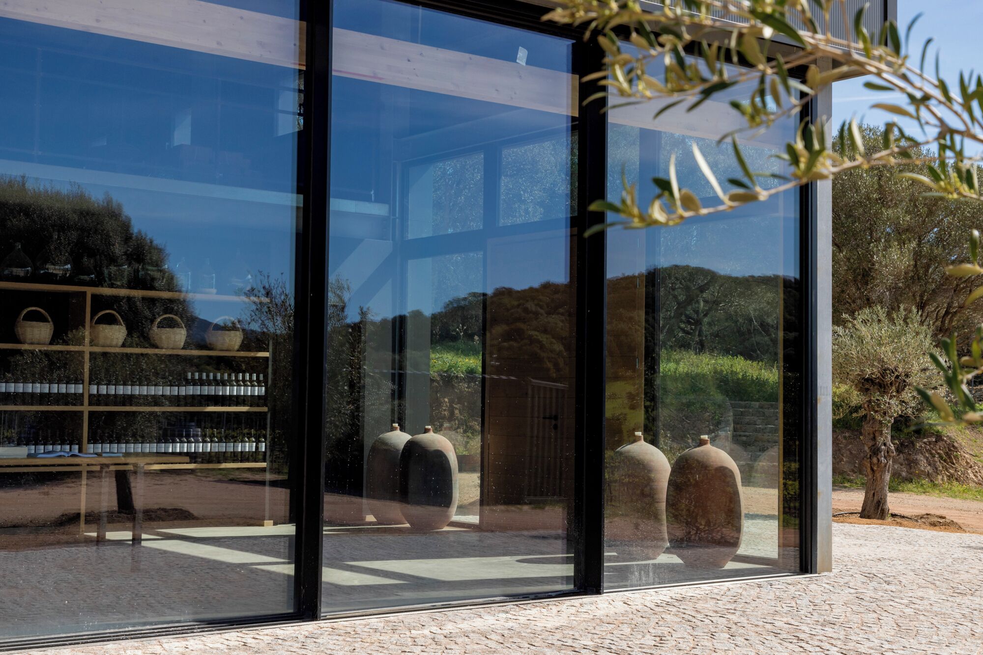 A modern building with large glass windows reflecting the surrounding landscape.