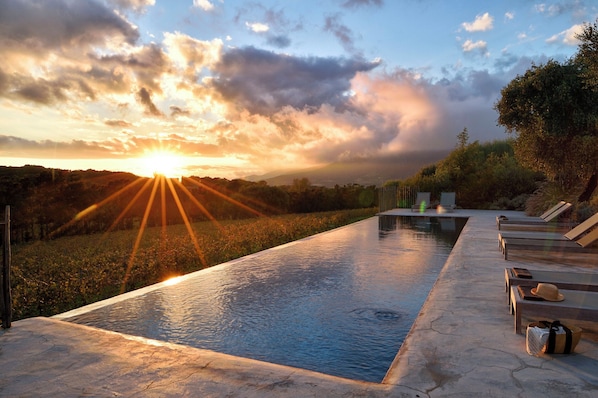 Seasonal outdoor pool, pool loungers