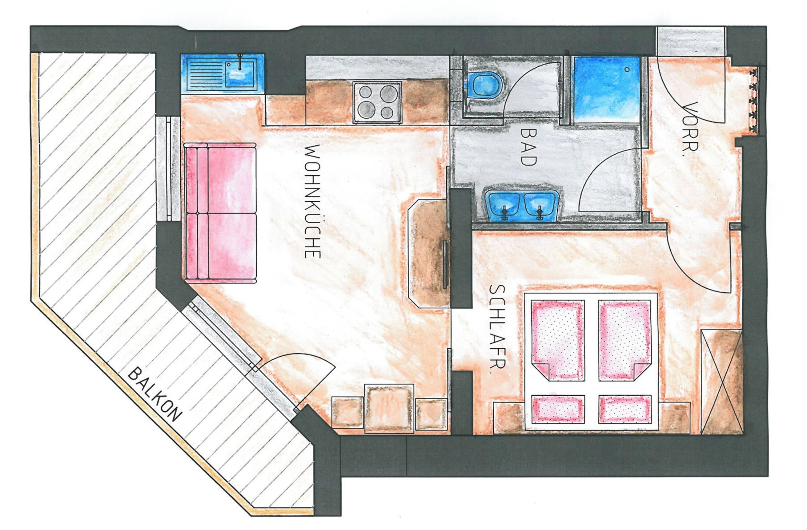 Ein Grundriss eines Hotels mit Küche, Essbereich, zwei Schlafzimmern und einem Badezimmer.