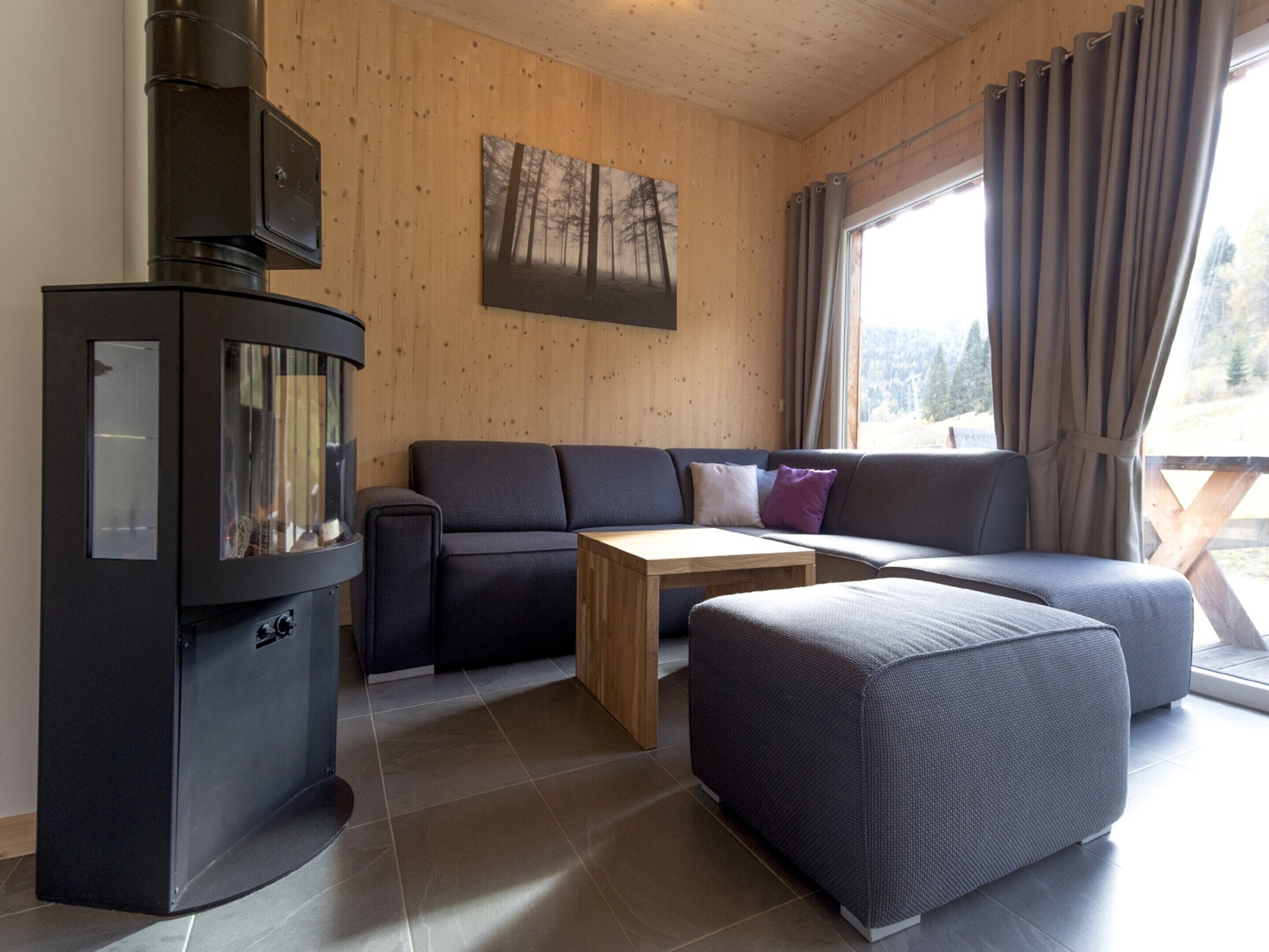 A cozy room with a wood-paneled wall, a black wood stove, a gray sofa, a wooden coffee table, and a window with curtains.