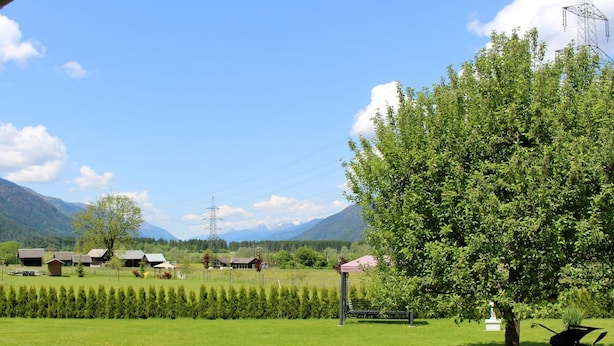 Ländliche Landschaft mit einem Wiesenfeld, einem großen Baum und mehreren Gebäuden im Hintergrund.