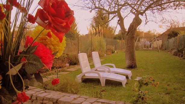 Ein Garten mit Steinmauer, Baum und weißen Liegestühlen.