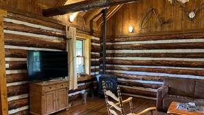 A log cabin interior with a wooden floor, a television on a cabinet, a rocking chair, a leather couch, and a fireplace. - Holiday Home With Garden in Den Ham (Den Ham)