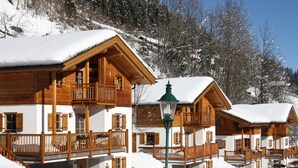 Filetta di chalet in legno con balconi, circondati da alberi innevati.