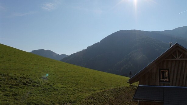 A wooden cabin with a sloped roof, surrounded by a grassy hill and mountains in the background. - Chalet in Hohenauern at the Hohentauern ski Area (Hohentauern)
