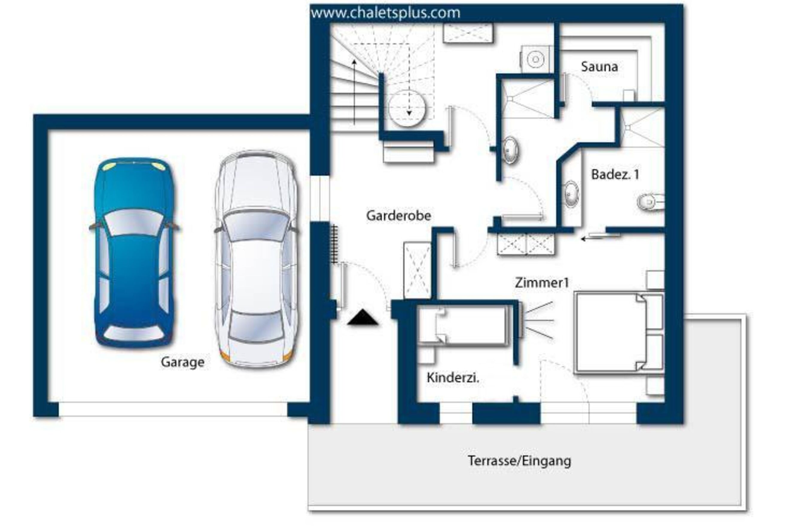 Plano de planta que muestra un garaje, sauna y un dormitorio identificado como 'Badez. 1'.