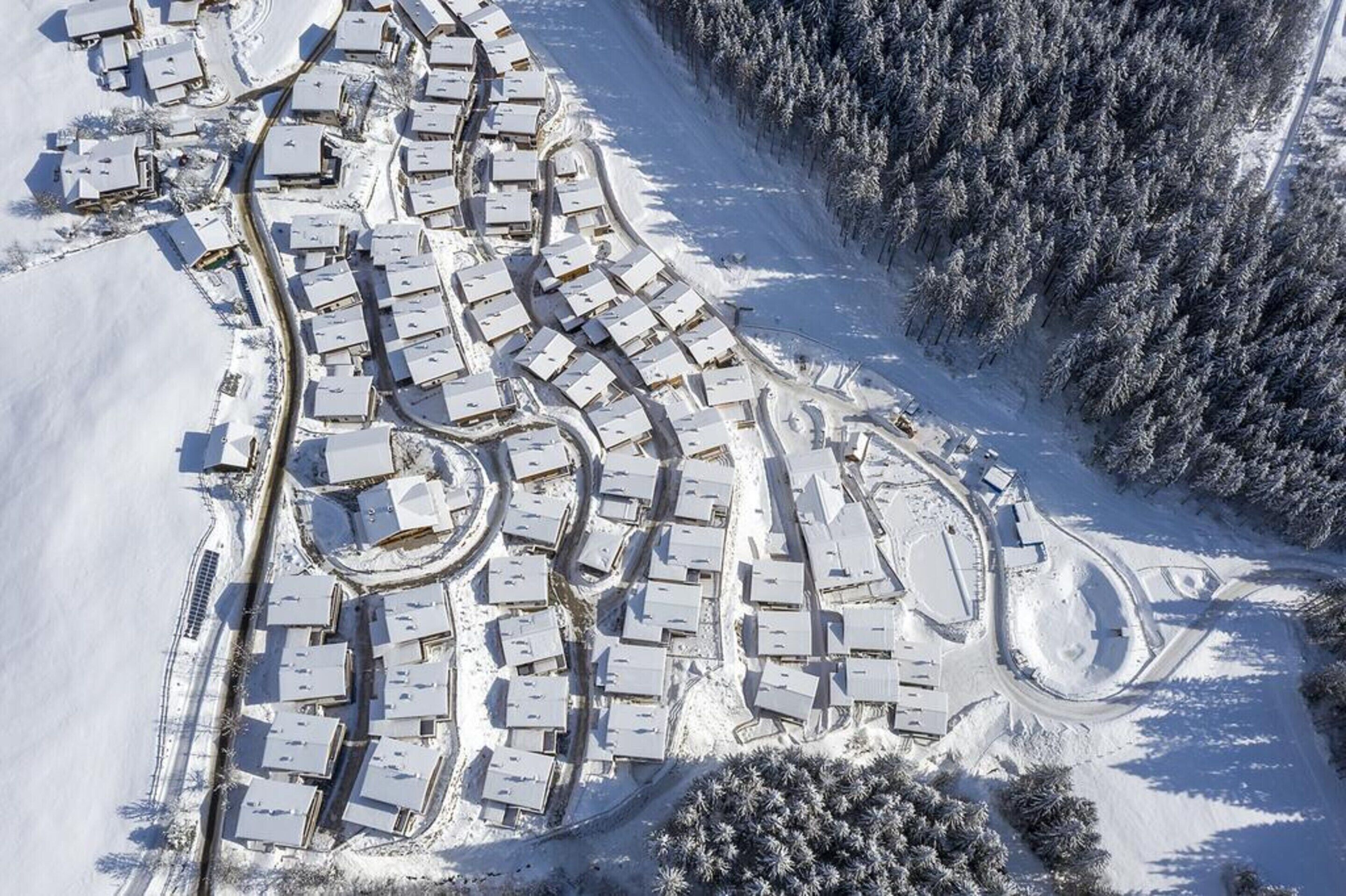 Vista aérea de un barrio residencial con varias casas unifamiliares dispuestas en forma de semicírculo alrededor de una avenida central.