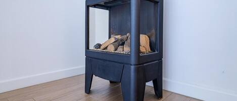 A black wood-burning stove with a glass door, placed on a wooden floor against a white wall.