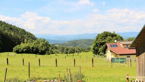 Paisaje rural con una casa que tiene paneles solares, rodeada de campos verdes y árboles.