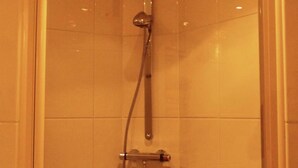 A glass-enclosed shower stall with a handheld showerhead and a handheld faucet. - Spacious Holiday Home With Garden (Egmond aan den Hoef)