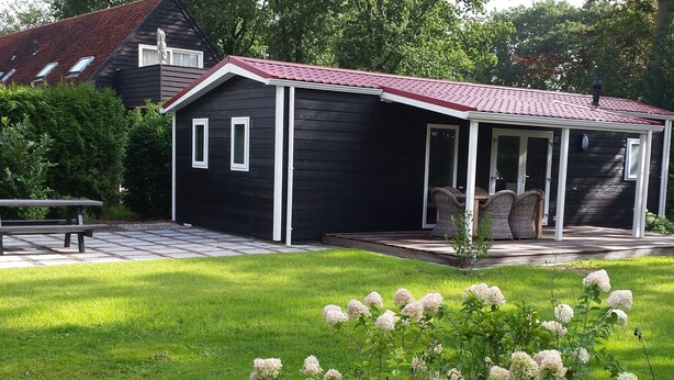 Una casa negra con techo rojo, un porche cubierto y un patio verde con arbustos de hortensia.